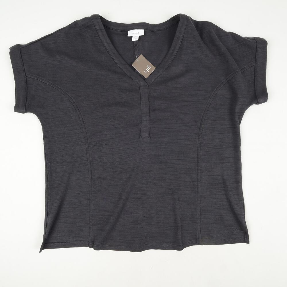 J Jill Womens Pure S Petite Top Henley Short Sleeve Raven Dark Gray 100% Cotton